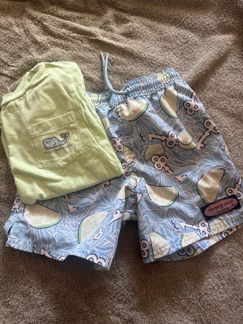 Vineyard Vines Boys Blue Swim Shorts with Lime Print